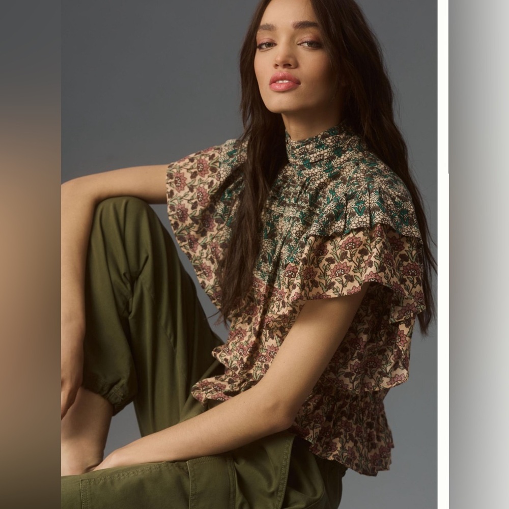 NWT Anthropologie Let Me Be High-Neck Printed Peasant Blouse